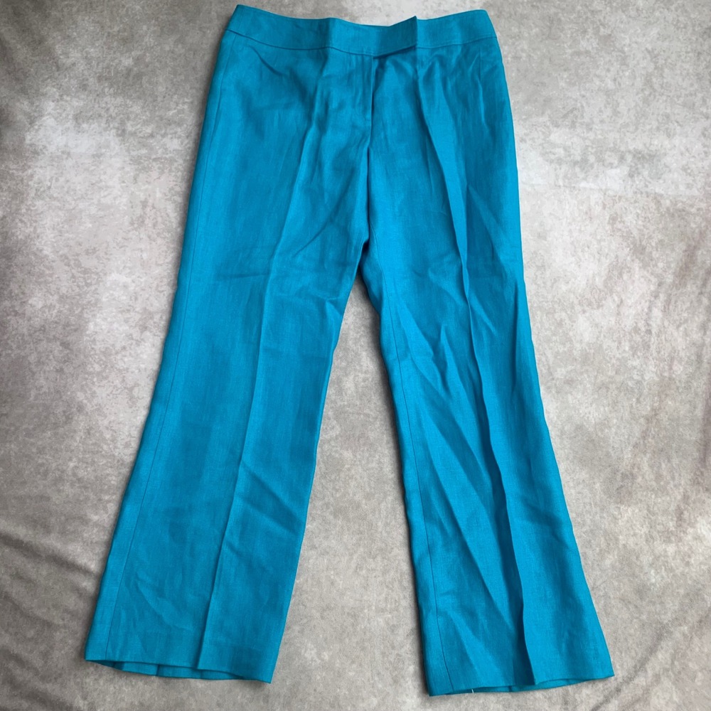 Talbots Petites 100% Pure Irish Linen Pants 12P Turquoise Blue Straight Trousers